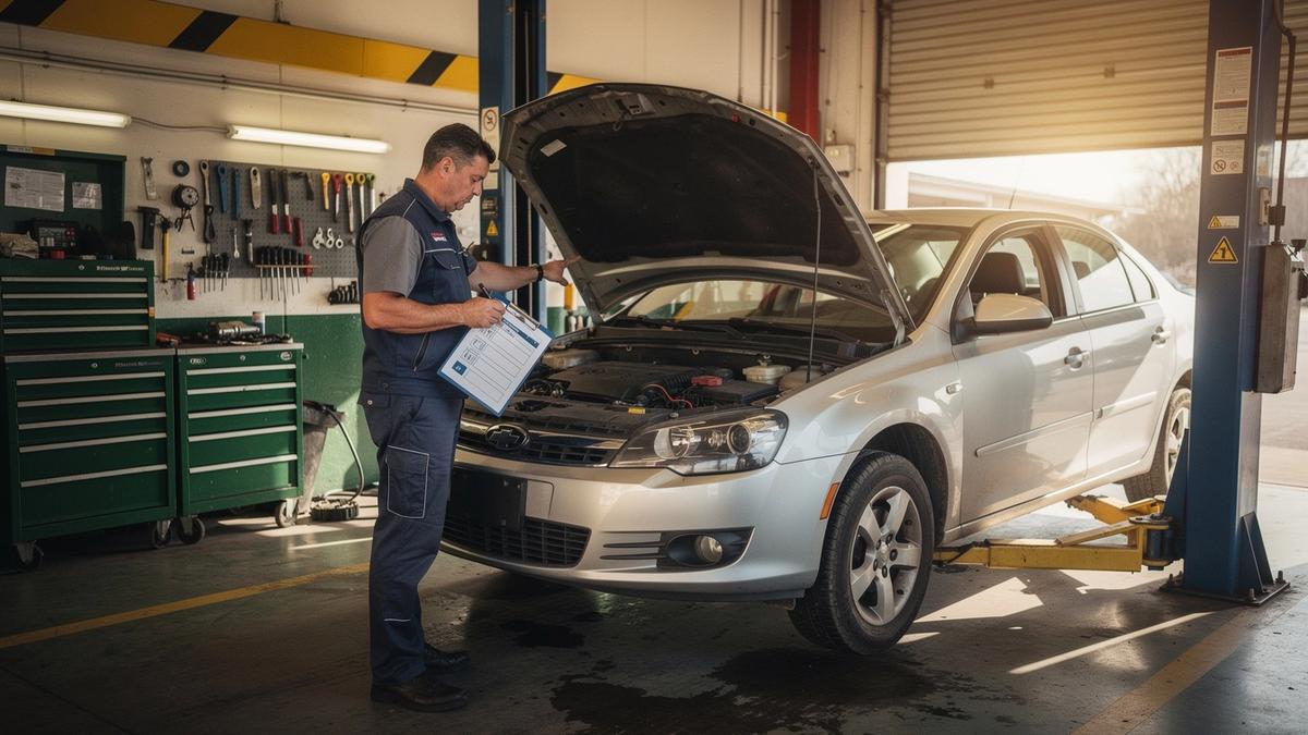Technician running a checklist inspection on an open bonnet in a workshop bay