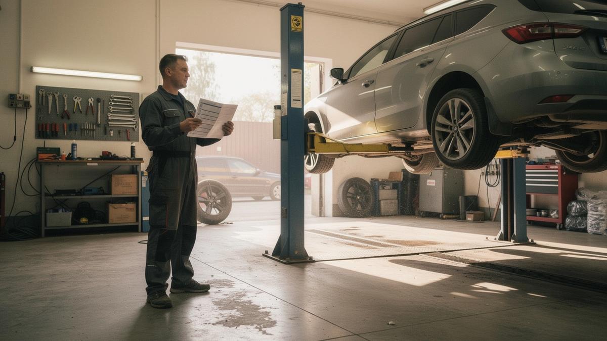 Partner workshop service bay with a car on a two-post lift and an inspection board on the wall